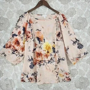 Charter Club Floral Scoop neck Balloon sleeve Chiffon Blouse OX/ XL